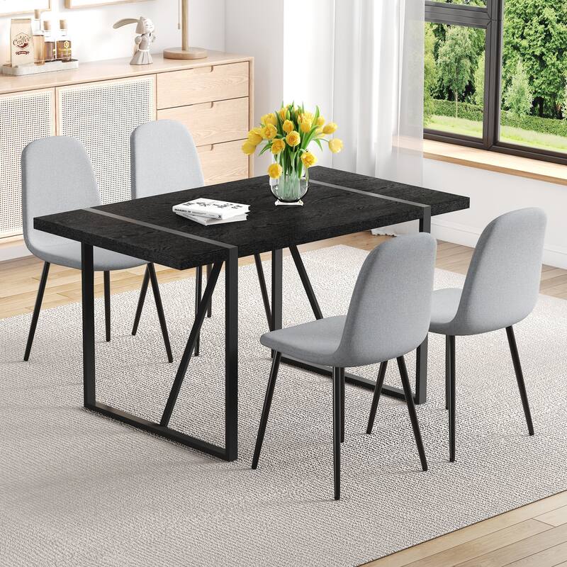 5-Piece Retro Rectangular Dining Table Set, 55-Inch Textured Top Table & 4 High-Resilience Fabric Chairs