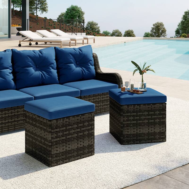 2 Set 17.7" W Outdoor Rattan Patio Square Ottoman with Cushion