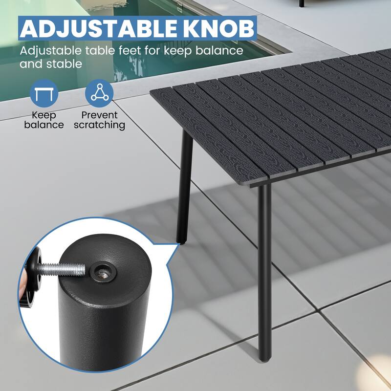 7-Piece Outdoor Patio Dining Set Wood-Like Table Top Alumium Umbrella Hole Table with Stackable Chairs