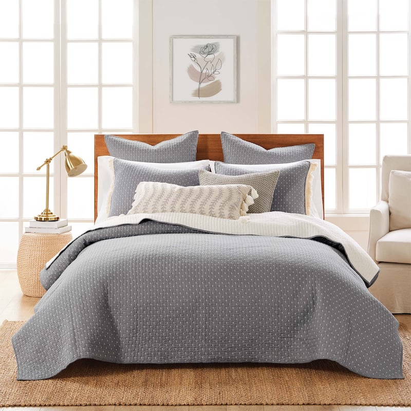 Cross Stitch White on Grey Full/Queen Quilt Set - Levtex Home - Twin - Twin XL