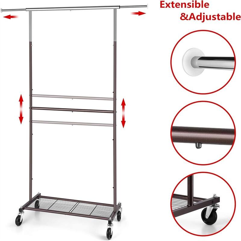Rolling Clothes Organizer with Wheels and Bottom Shelves - 15"D x 47.5"W x 65"H