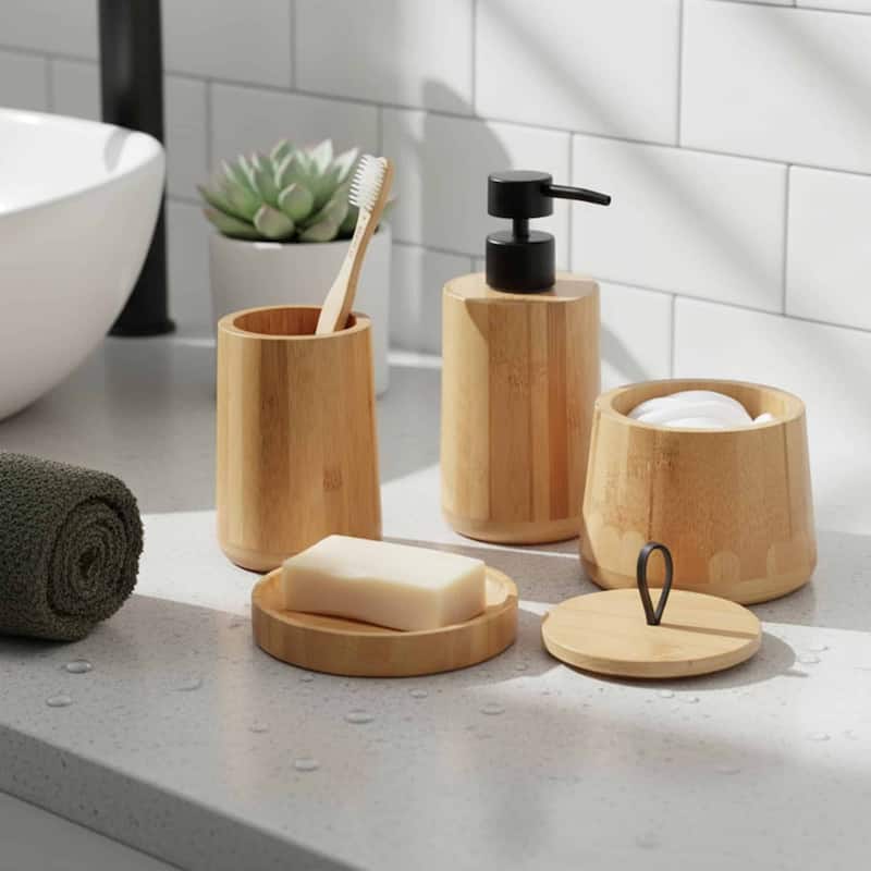 5-Piece Bathroom Accessory Set Bamboo Natural Decor