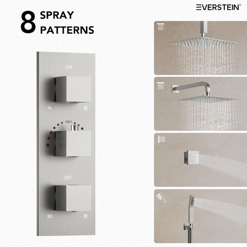 Thermostatic Faucet System 12" Dual Showerheads with 3 Body Jets and Rough-In Valve