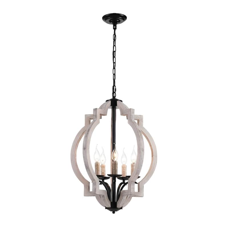 5-Light Wood Farmhouse Chandelier, Off White Distressed Vintage Medieval Style