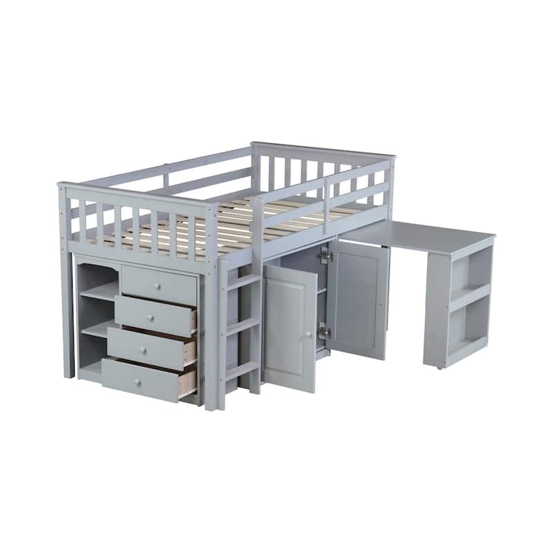 Roomfitters Twin Loft Bed with Storage Cabinet, Pull-Out Desk & Shelving, Rubber Wood Bed with Safety Guardrail & Ladder, Grey