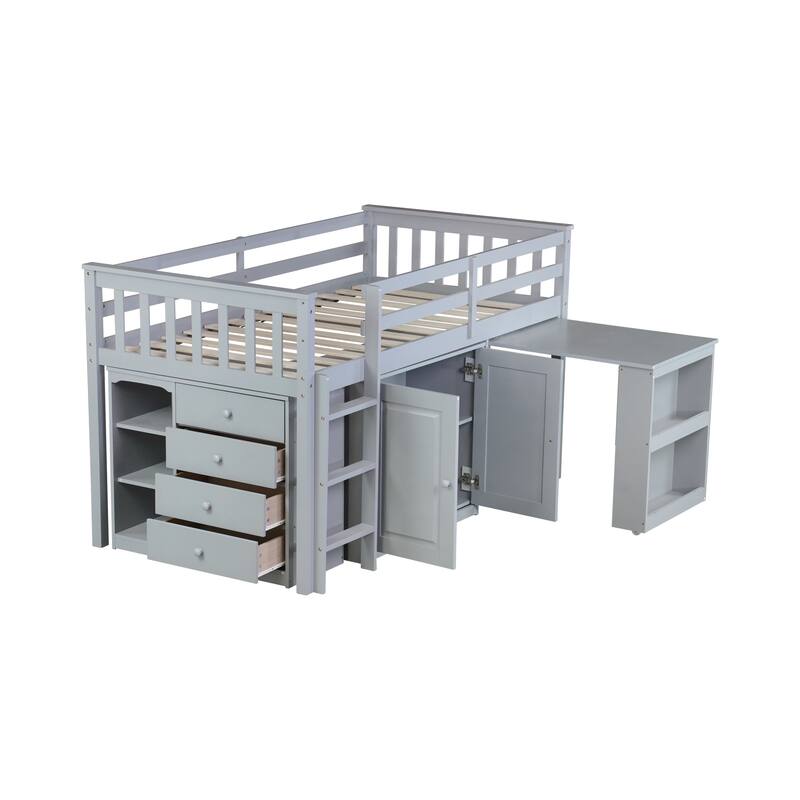 Roomfitters Twin Rubber Wood Loft Bed with Storage Cabinets, Pull-Out Desk, Safety Guardrail and Ladder