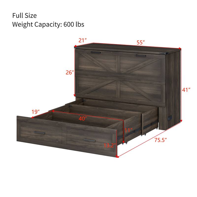 Space-Saving Full Size Farmhouse Murphy Bed with Charging Station, Storage Drawer & Foldable Design for Small Bedrooms
