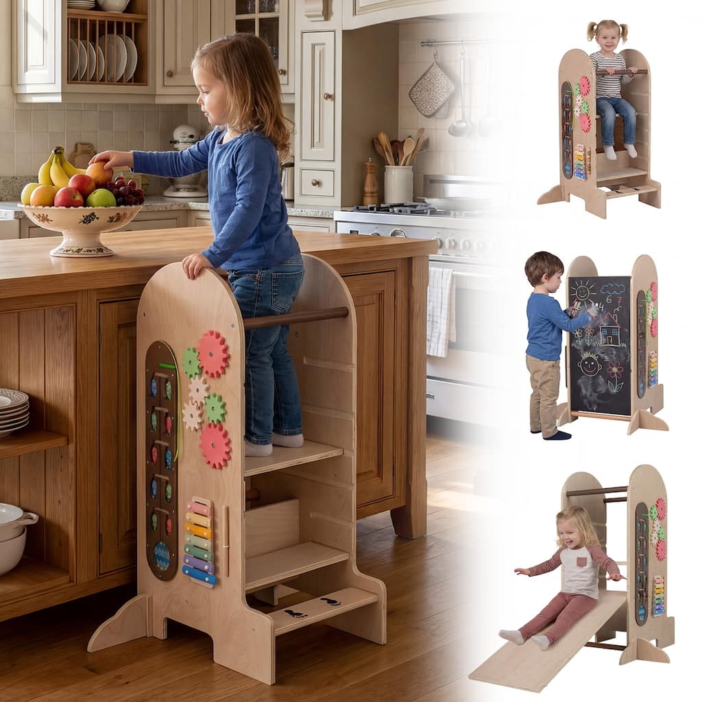 Gymax Toddler Step Stool Kids Kitchen Standing Tower w/ Adjustable - Natural