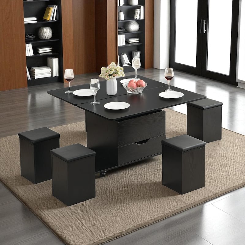 Multi-Functional Lift-Top Coffee Table with Hidden Storage, 4 Stools & Casters, Modern Center Table for Small Spaces