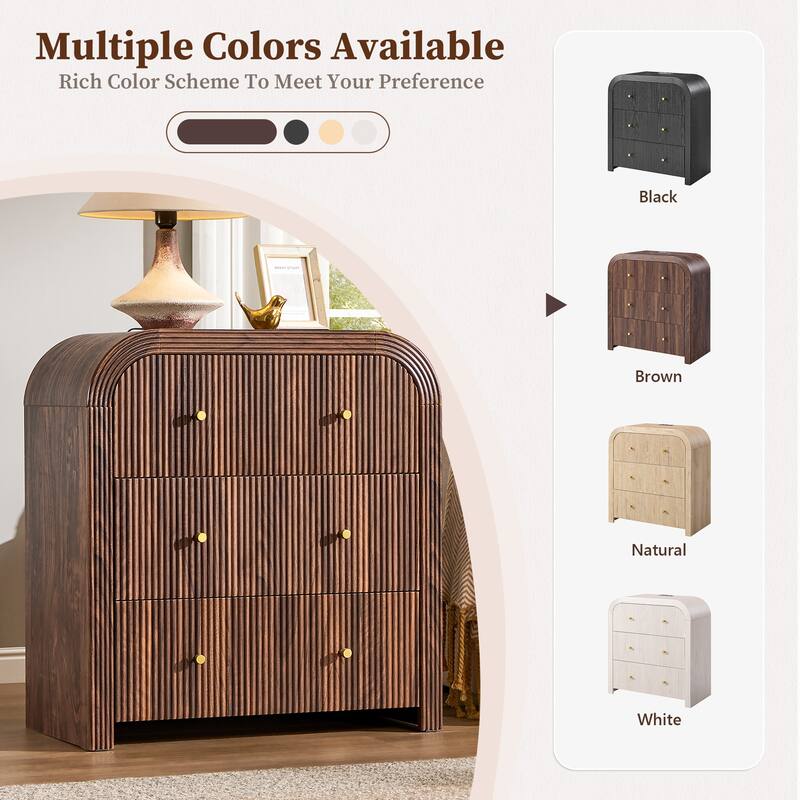 Modern Fluted 3 Drawers Dresser, Rounded Corner Chest of Drawers