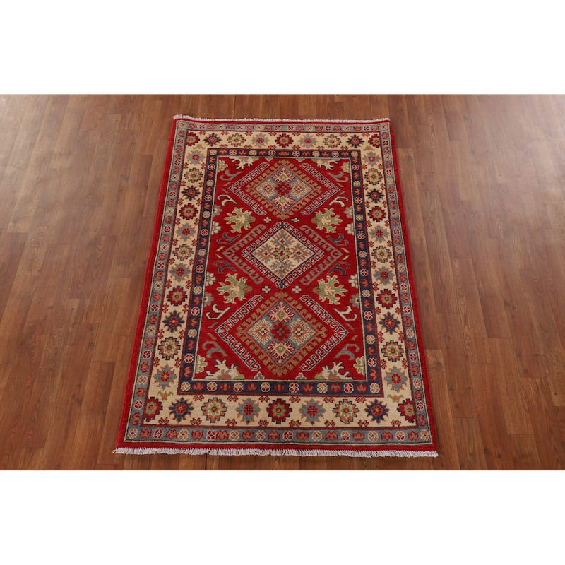 Red Geometric Kazak Foyer Rug Handmade Wool Carpet - 3'4"x 5'0"
