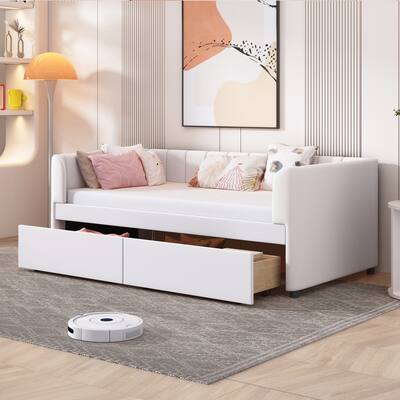 Twin Upholstered Daybed with Stripe Headboard, Ergonomic Backrest, and 2 Storage Drawers, Ideal for Stylish Bedrooms