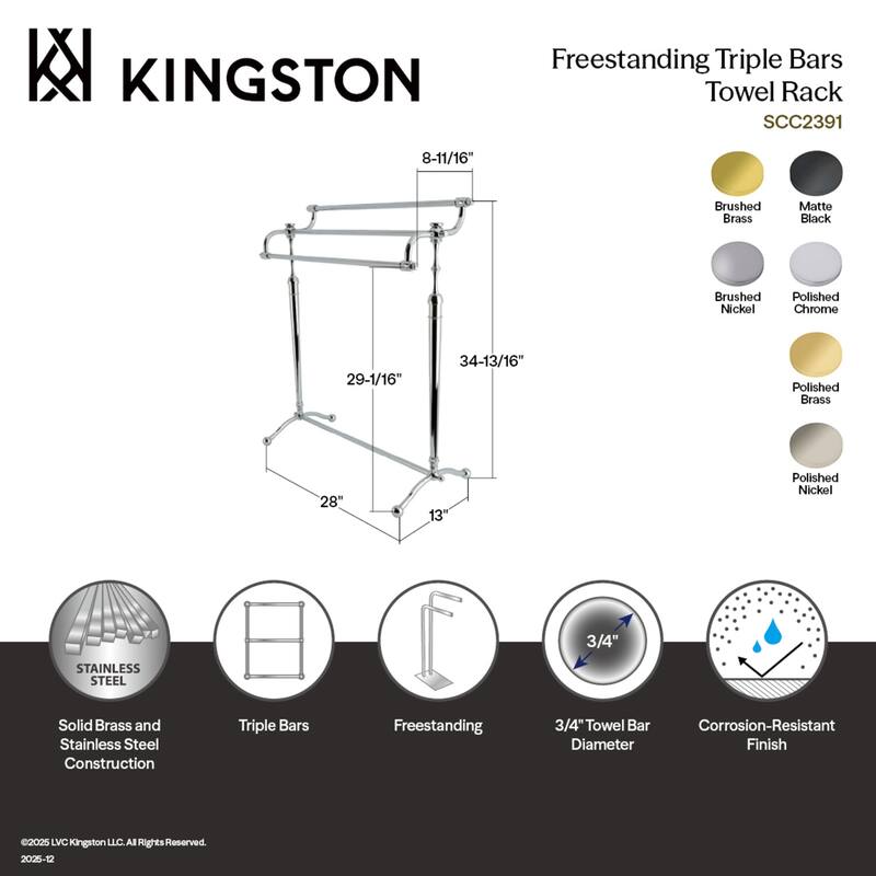 Kingston Brass Warwick 28" Freestanding Pedestal 3-Tier Towel Rack