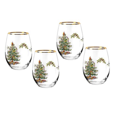 Spode Christmas Tree Stemless Wine Glasses, Set of 4 - Multi-Color - 19 Ounce