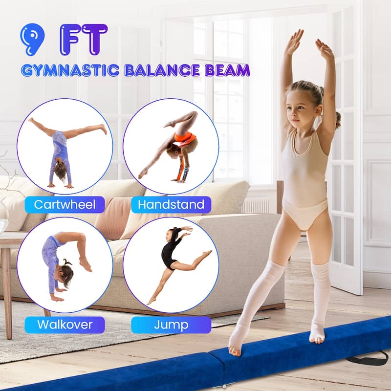 9 Feet Kids Balance Beam for Home Foldable Gymnastics Beam with Non-Slip Bottom and Wood Frame - 108” x 4" x 3" (L x W x H)