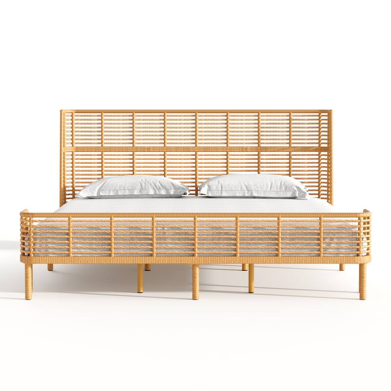 Christopher Knight Home - Marlowe Rattan Bed with Metal Frame and Wingback Design