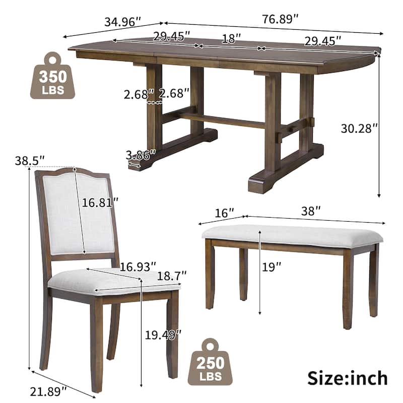 Extendable 6-Piece Dining Set with 78" Wood Table, 4 Upholstered Chairs, and Bench, Seats 6-8 Guests