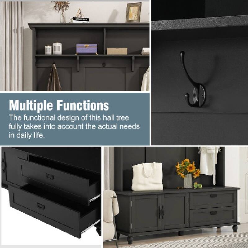Modern Style Hall Tree With Storage Cabinet Drawers Open Storage Shelves Space Saving