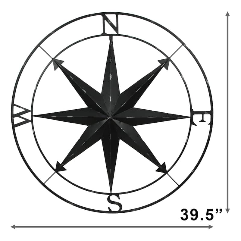 Indoor Outdoor Metal Compass Rose Wall Sculpture 39.5 Inch Diameter