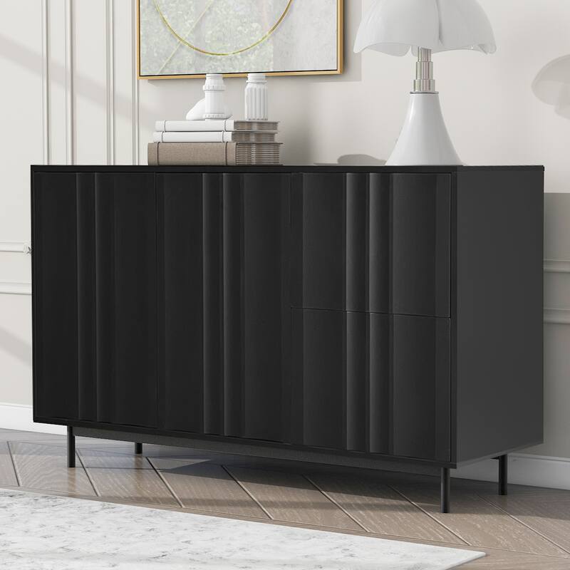 Wave Pattern Modern 2-Door Sideboard Buffet Cabinet with Adjustable Shelves & Drawers for Living Room Storage