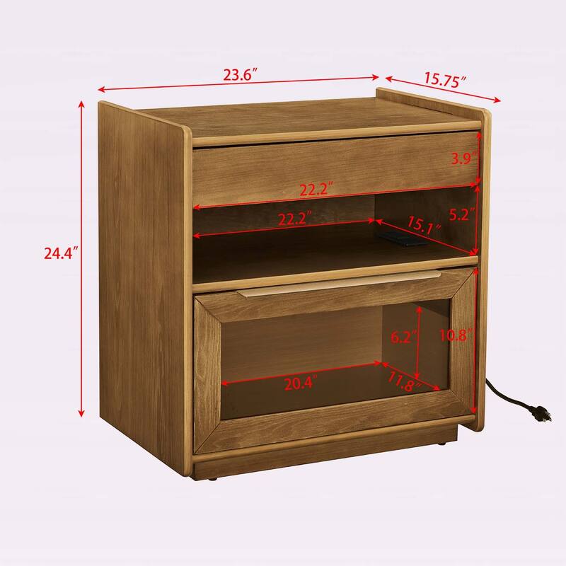 Nightstand with Charging Station,2 Drawers,and Open Shelf,for Farmhouse and Living Room Decor