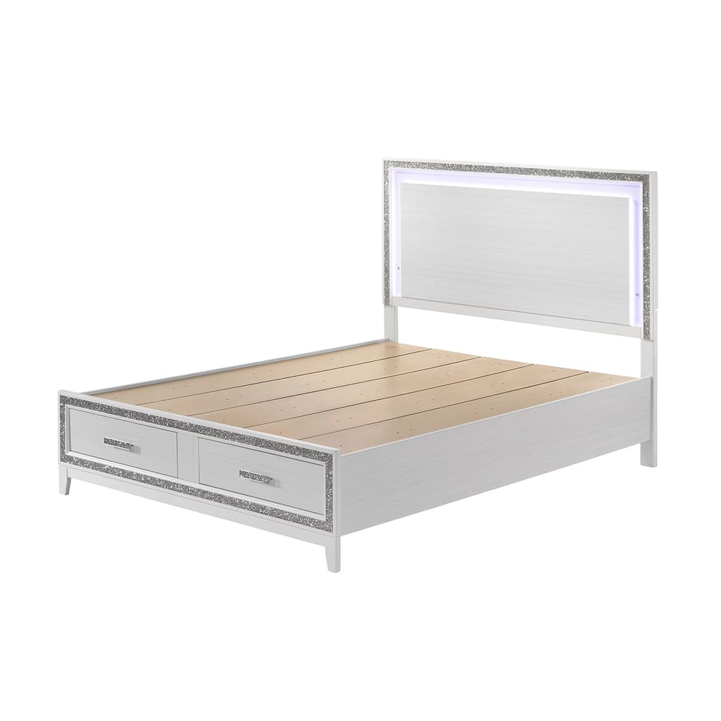Wooden Eastern King Bed with LED in White Finish