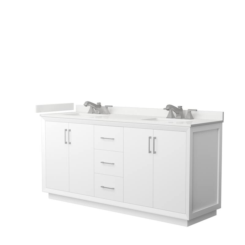 Strada 72-inch Double Vanity, Quartz Top - White, Nickel Trim, White Quartz Top