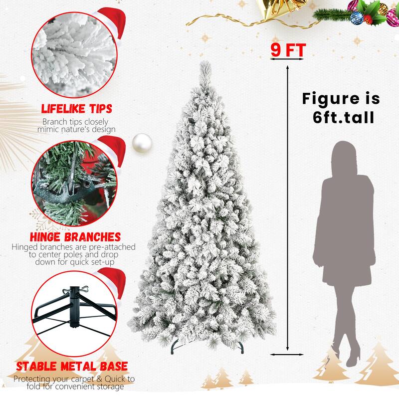 7.5FT Flocked Christmas Tree with 500 Warm White LED Lights-1252 Tips,Snowy PVC & Hard Needle Branches,Hinged Design