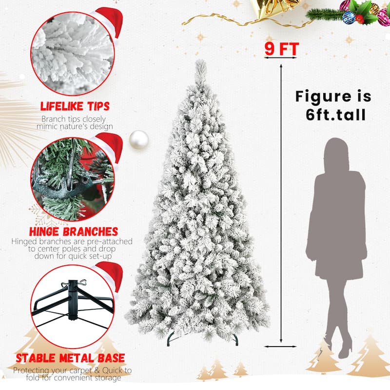 Flocked Artificial Christmas Tree - Snowy PVC & Hard Needle Branches, Hinged Structure, Metal Stand - Green,White