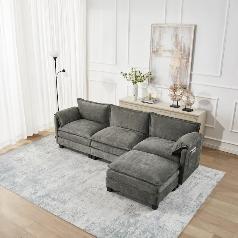 L-Shaped Corduroy Sectional Sofa with Ottoman, Lounge Sofa with Storage Armrest Cushions, Modular Corner Deep Seat Sofa