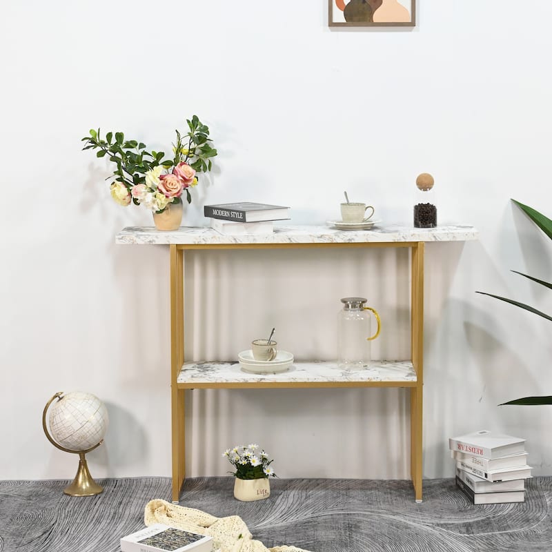 Modern Luxury Gold Metal Frame Console Table, Chic Entryway Table with Storage Shelf for Living Room Decor