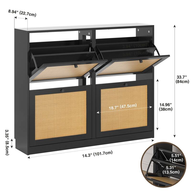 Anmytek 24 Pairs Large White Rattan Shoe Storage Cabinet with 4 Flip Drawers Narrow Shoe Storage Organizer for Entryway
