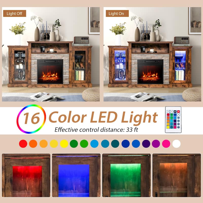 Electric Fireplace TV Stand with 16-Color LED Lights and Adjustable Glass Shelves for Living Room - 59" x 10" x 32.5"