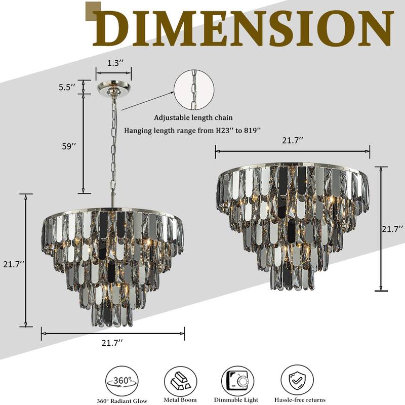 Dimmable Smoked Crystal Flush Mount Ceiling Light Round with Polished Nickel Finish and Stainless Steel Accents for Dining Room
