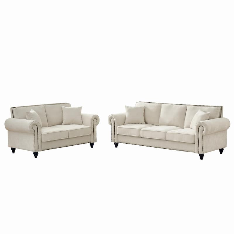 Chenille Upholstered Loveseat Sofa & 3 Seater Couch Set with Nailheads