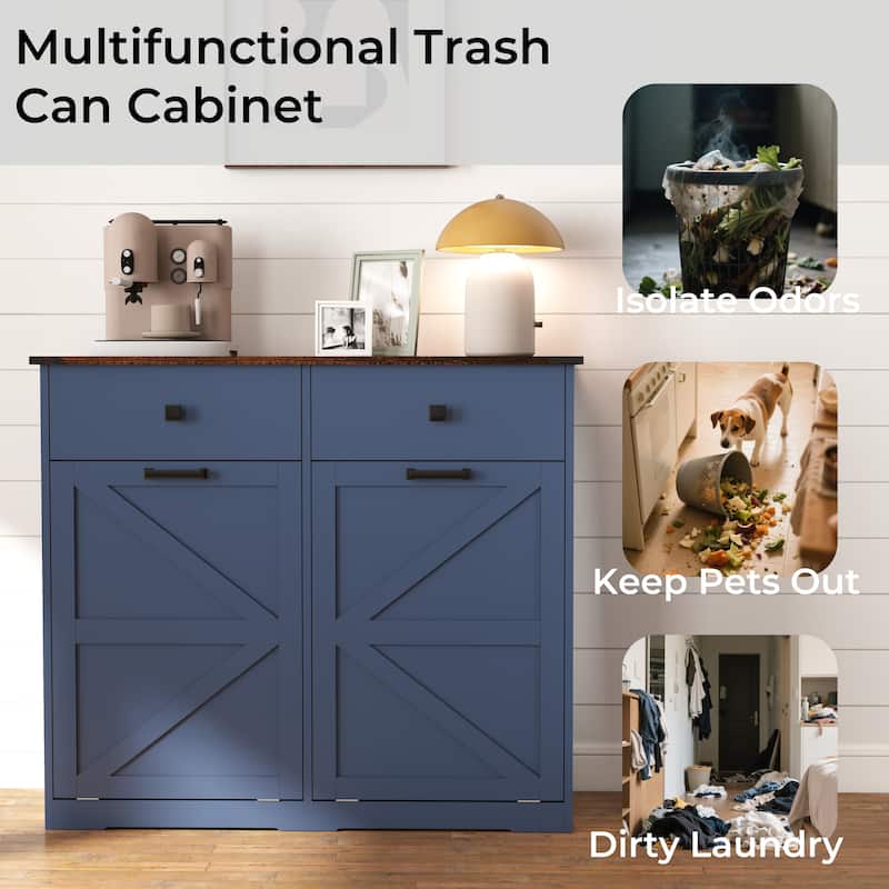 Farmhouse Double Tilt Out Trash Cabinet, Free Standing Recycling Cabinet with Hideaway Drawer, Barn Door Laundry Sorter Cabinet