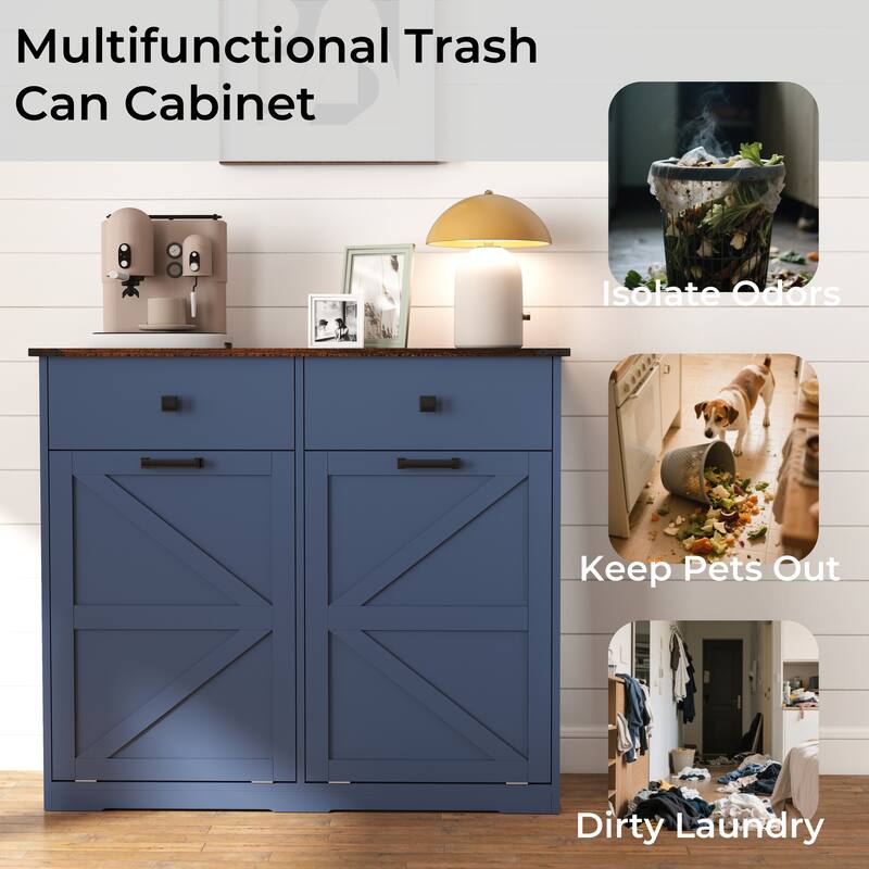 Farmhouse Double Tilt Out Trash Cabinet for Two 10 Gallon Bins, Barn Door Recycling Cabinet with Drawer Storage