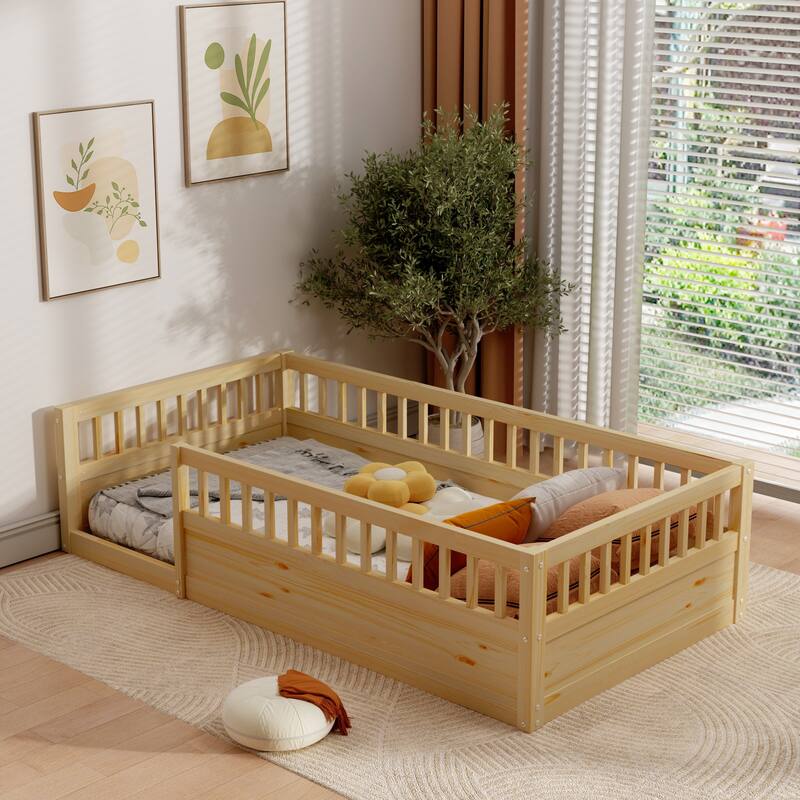 Pine Floor Bed Frame with Fence