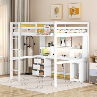 White Full Loft Bed with Desk, Storage, and USB Ports for Small Rooms