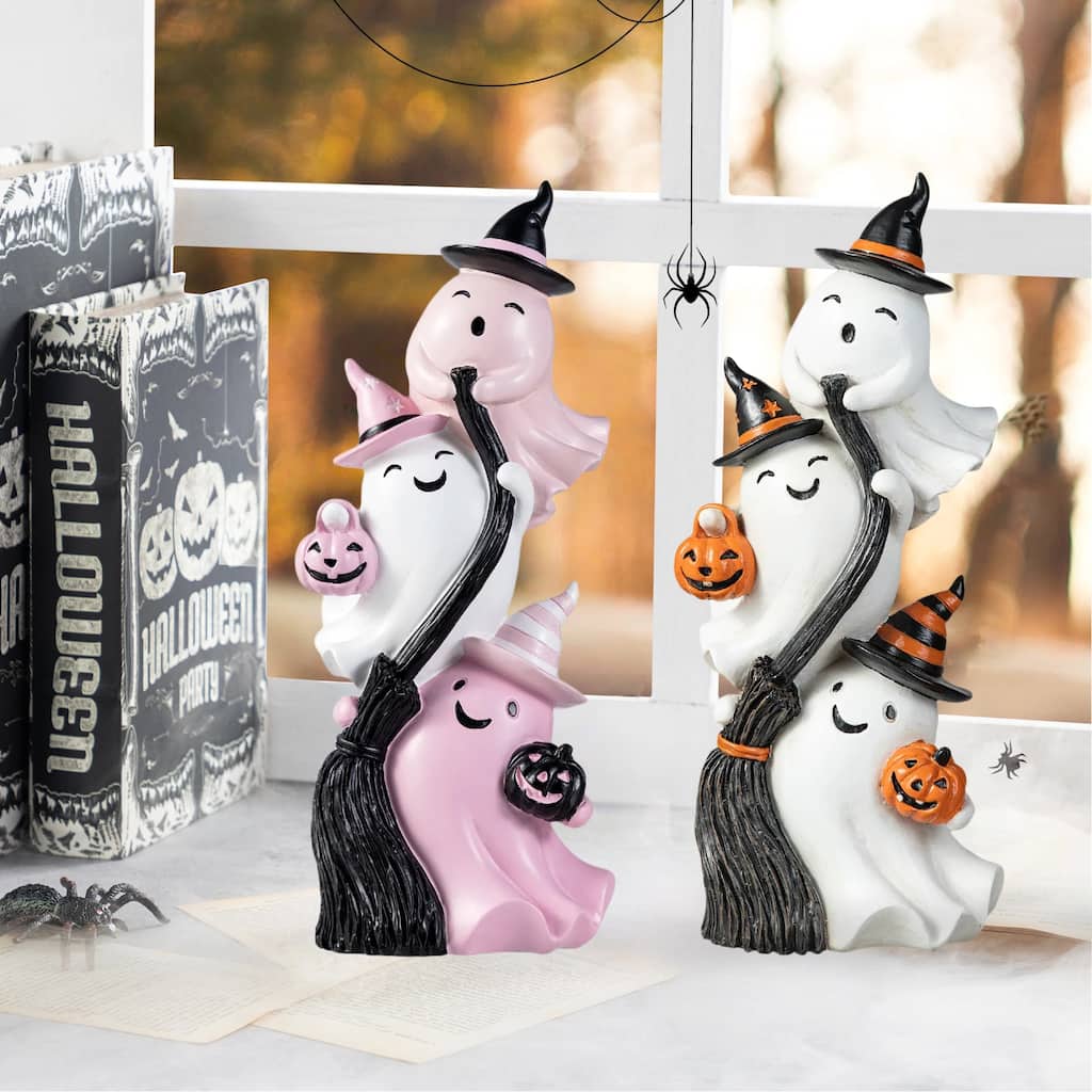 Glitzhome 13''H Halloween Resin Pink & White Stacked Ghost Cute Spooky Figurine Table Decor