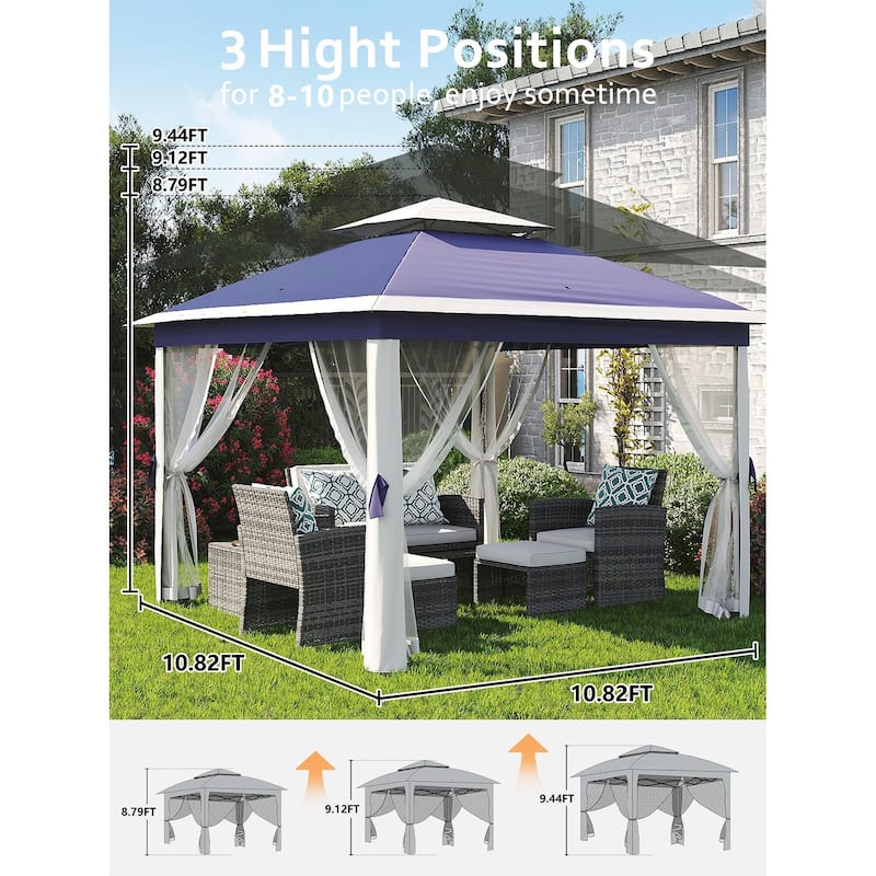 10.82'x10.82' Pop-Up Gazebo, Enhanced Frame and Mosquito Netting - 11*11Ft
