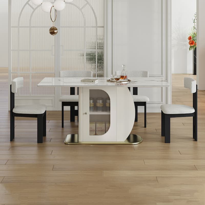 Roomfitters 63 Inch Dining Table Set with Chairs, Sintered Stone Kitchen Desk with Storage Cabinet, White - White - 4 Chair