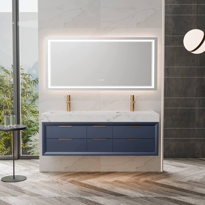 Modland 60" Modern Floating Bathroom Vanity with Double Sink, Soft-Close Drawers, White Stone Countertop