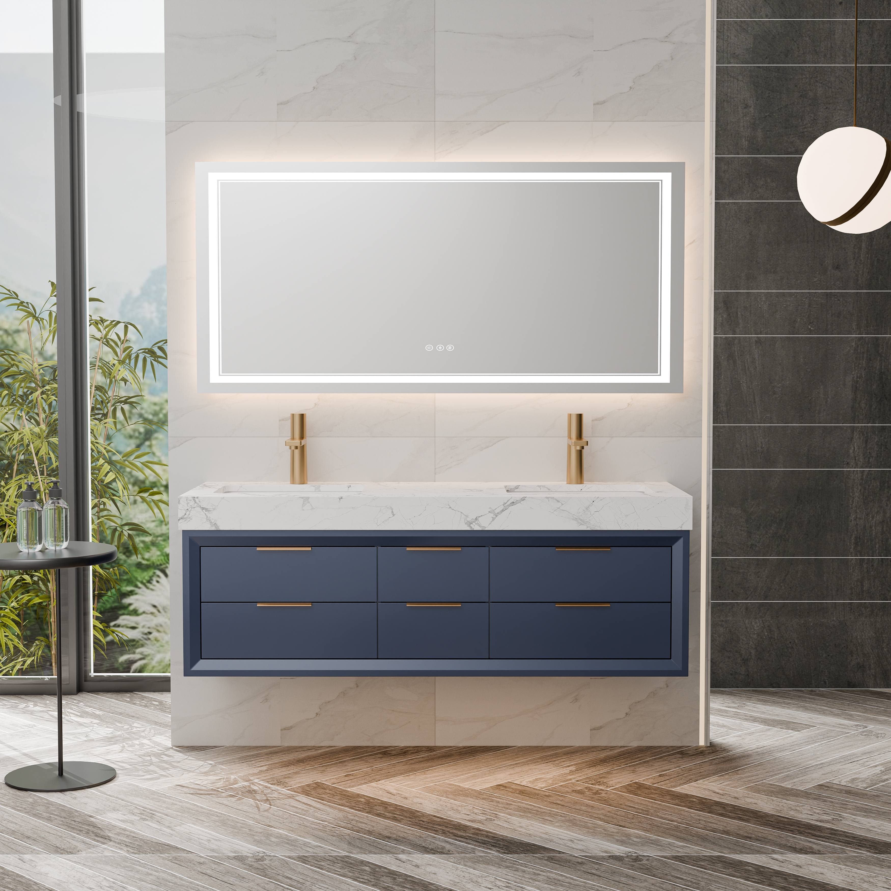 60" Modern Floating Bathroom Vanity with Double Sink, Soft-Close Drawers, White Stone Countertop