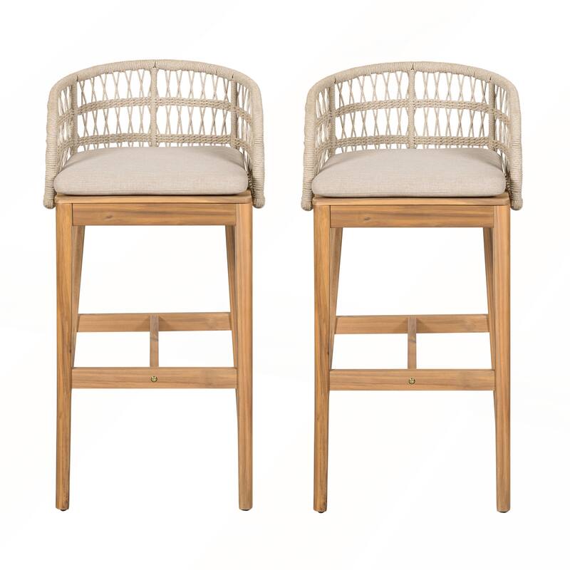 Outdoor Wood and Rope Barstool with Beige Cushion Set of 2