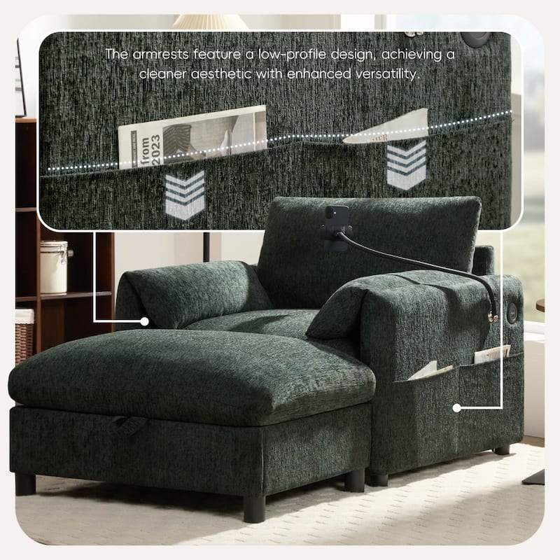 38" Chenille Single Sofa with Storage Ottoman, USB Charger, Side Storage Pockets, Pillow-like Armrests