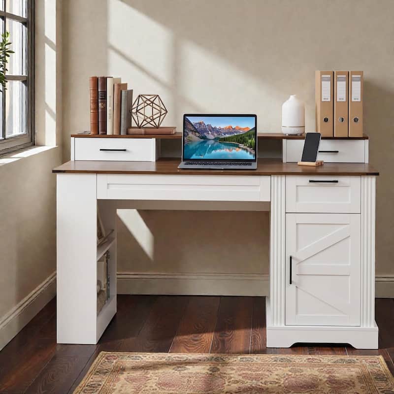 55 Inch Farmhouse Office Desk with Storage Cabinet and Charging Station, Barn Door Computer Desk with Monitor Stand - White