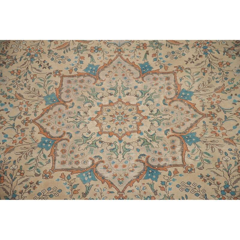 Hand Knotted Oriental 100% Wool Carpet Traditional Floral Beige & Ivories Tabriz Area Rug - 12' 8'' X 9' 8''