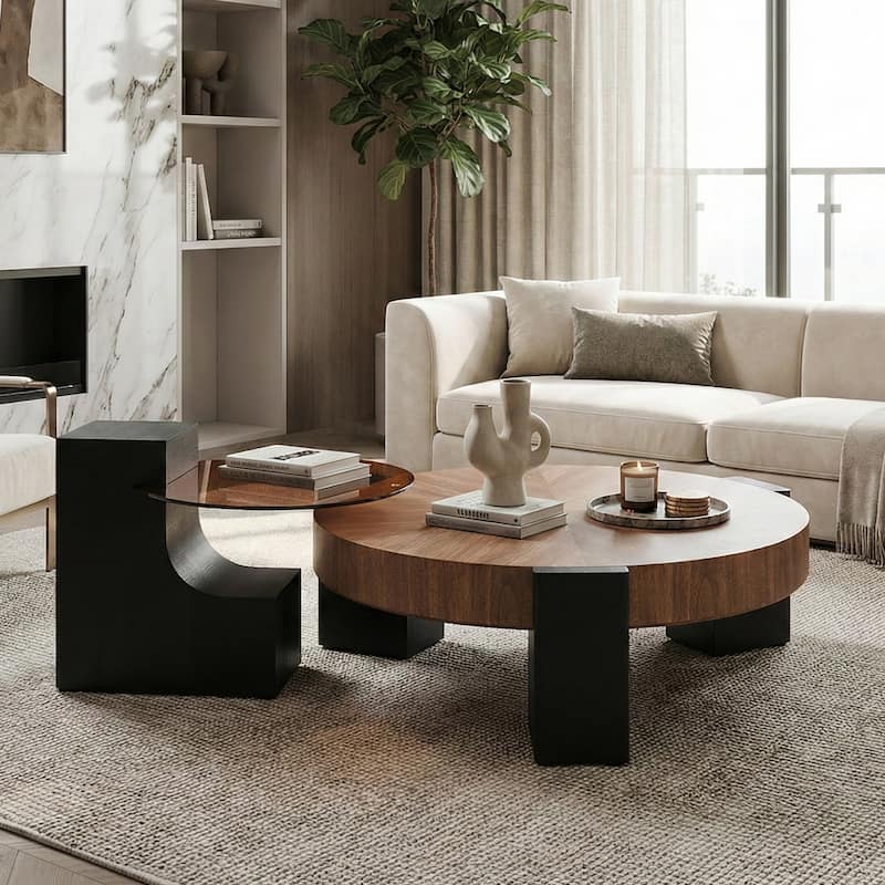 Modern 2-Tier Round Coffee Table Set with Walnut Finish & Black Accents