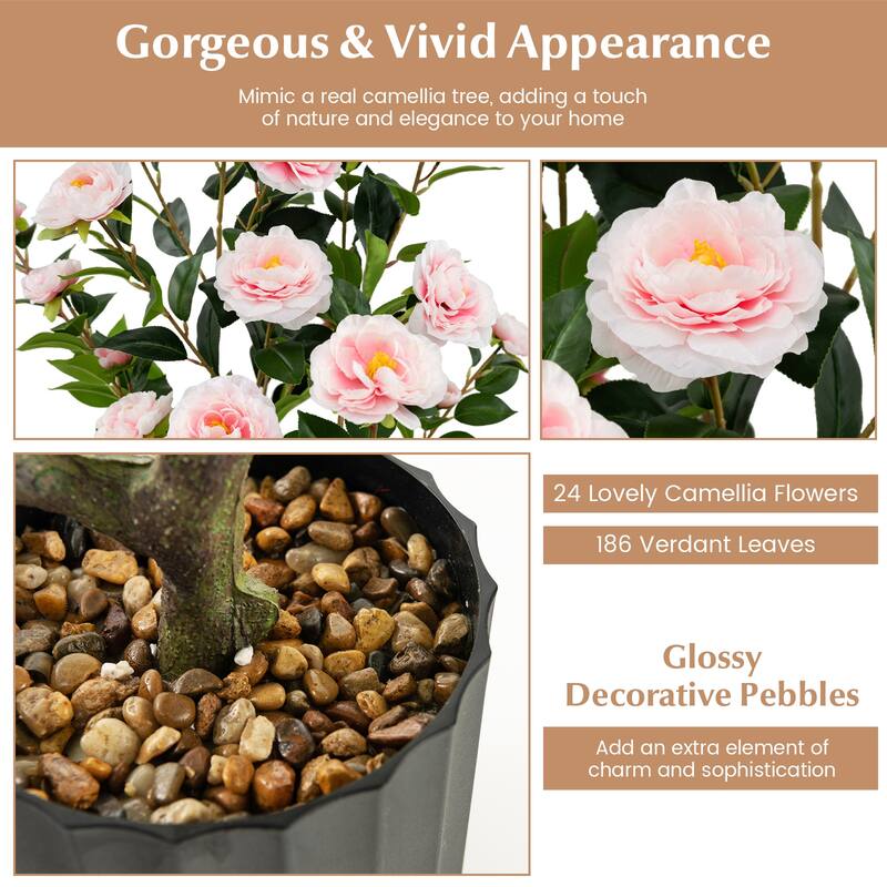 Gymax 2PCS 38'' Artificial Camellia Tree Faux Floral Plant Fake Tree